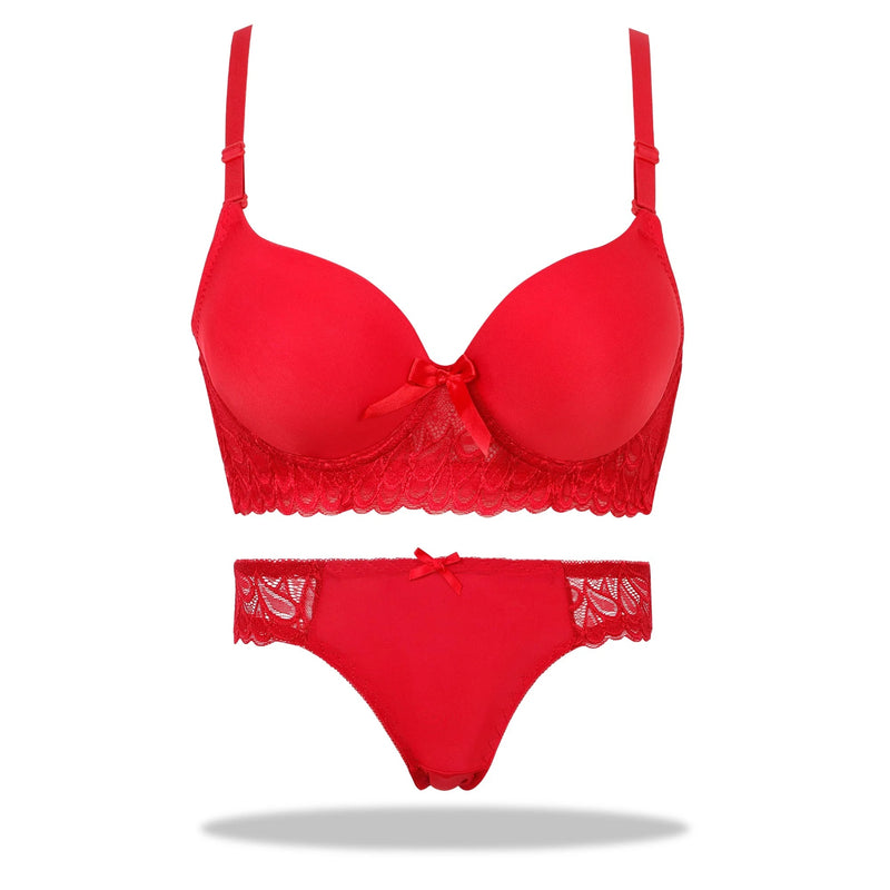 Foam Padded Bra & Pantie Embroidery Bras & Sheer Pants Lingerie Outfits (Red)