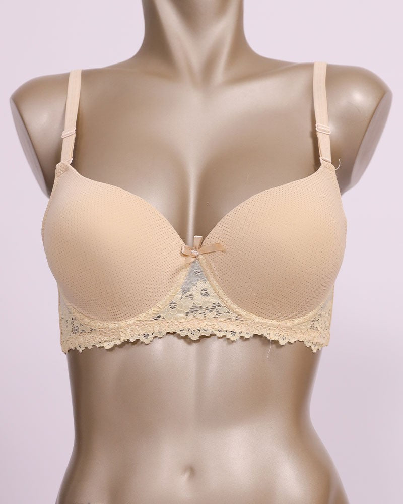 Foam Padded Bra & Pantie Embroidery Bras & Sheer Pants Lingerie Outfits (Skin)