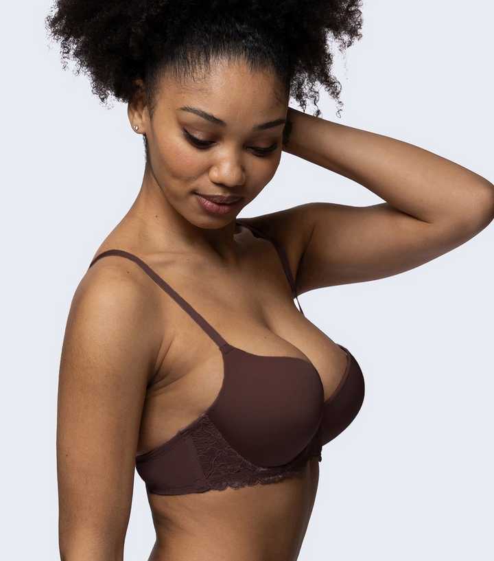 Foam Padded Bra & Pantie Embroidery Bras & Sheer Pants Lingerie Outfits (Brown)